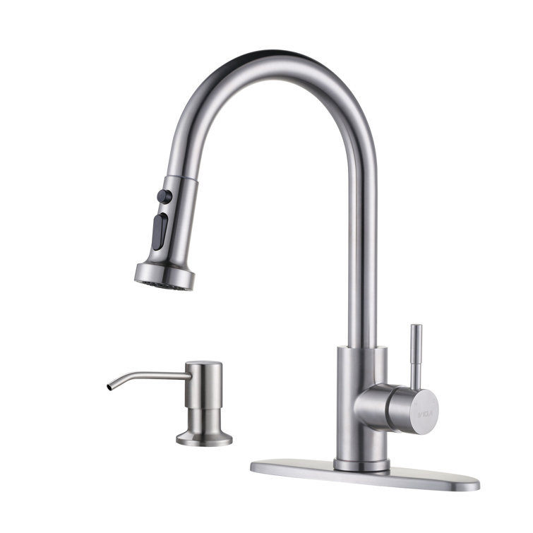 Brushed Nickel Single Handle Pull Down Kitchen Faucet with Soap Dispenser