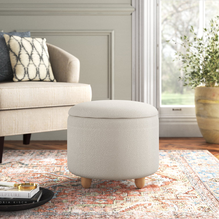 Ivory Boucle Round Upholstered Storage Ottoman with Wood Legs