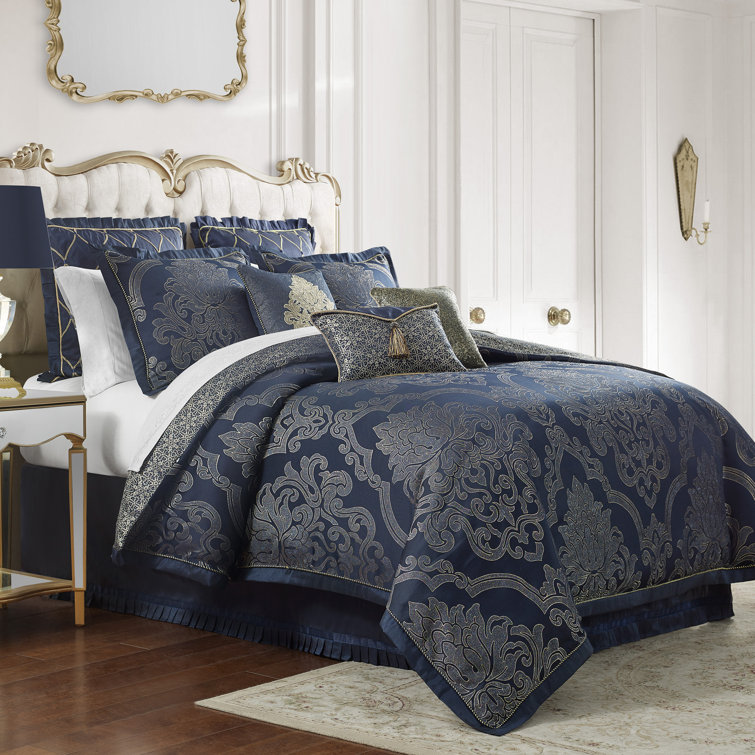 Navy and Gold Reversible Queen Comforter Set with Embroidery