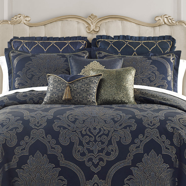 Navy and Gold Reversible Queen Comforter Set with Embroidery