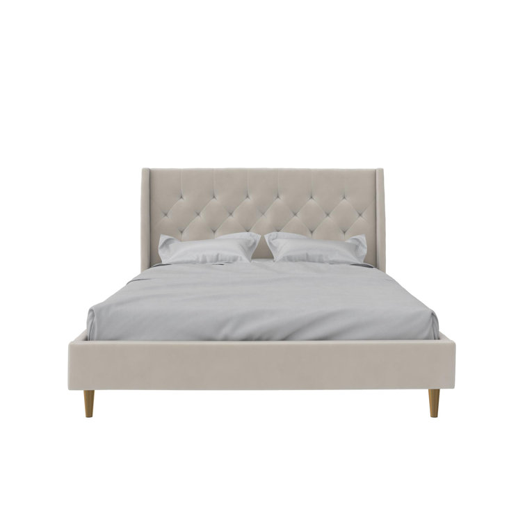 Ivory Velvet Queen Platform Bed with Diamond Tufted Wingback Headboard