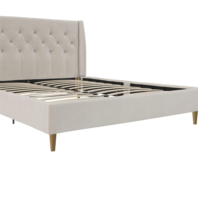 Ivory Velvet Queen Platform Bed with Diamond Tufted Wingback Headboard