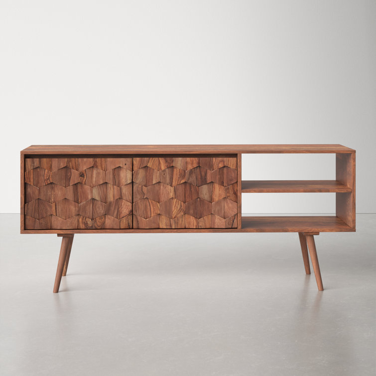 Mid-Century Modern Sheesham Wood 57'' TV Console with Fireplace