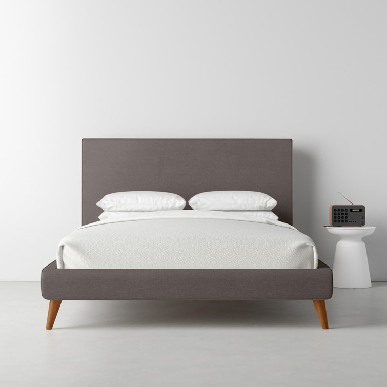 Britney Mid-Century Queen Platform Bed in Dark Grey with Pine Frame