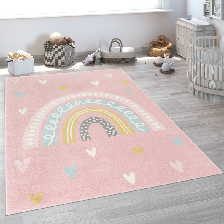 Round Pink Kids Rug with Rainbow and Hearts in Pastel Colors