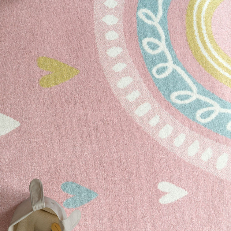Round Pink Kids Rug with Rainbow and Hearts in Pastel Colors