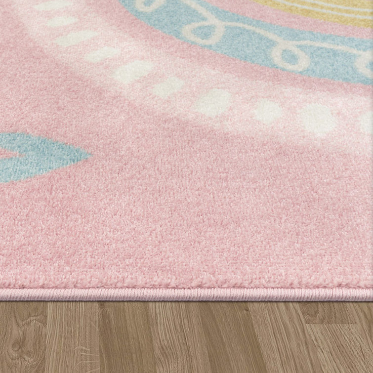 Round Pink Kids Rug with Rainbow and Hearts in Pastel Colors