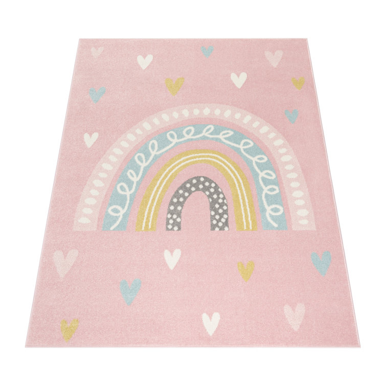 Round Pink Kids Rug with Rainbow and Hearts in Pastel Colors