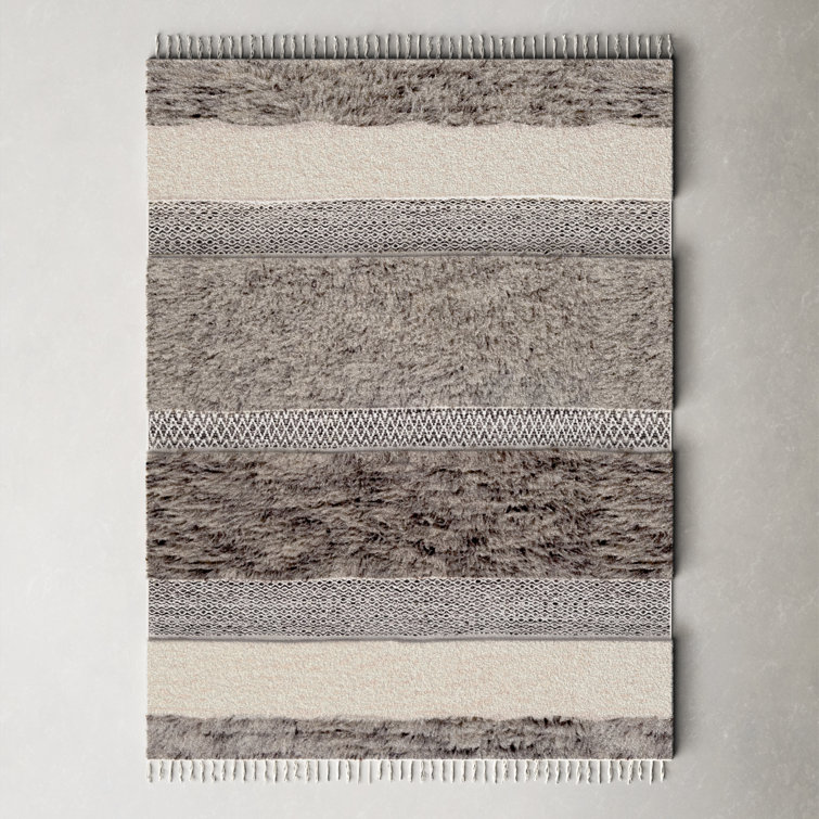 Gray and Cream Handwoven Wool Stripe Rug, 3'6" x 5'6"