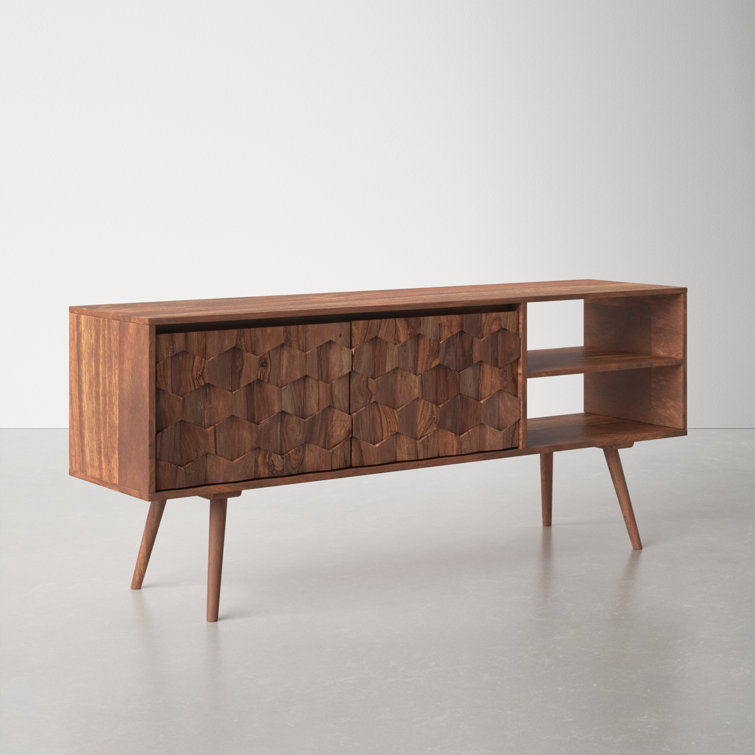 Mid-Century Modern Sheesham Wood 57'' TV Console with Fireplace