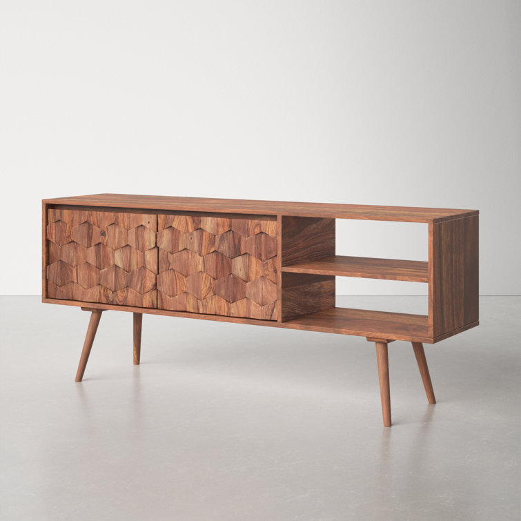 Mid-Century Modern Sheesham Wood 57'' TV Console with Fireplace