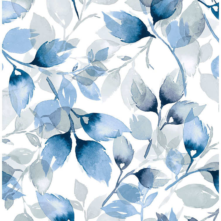 Blue Lagoon Watercolor Tossed Leaves Peel and Stick Vinyl Wallpaper