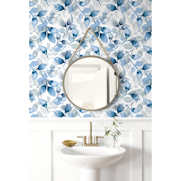 Blue Lagoon Watercolor Tossed Leaves Peel and Stick Vinyl Wallpaper