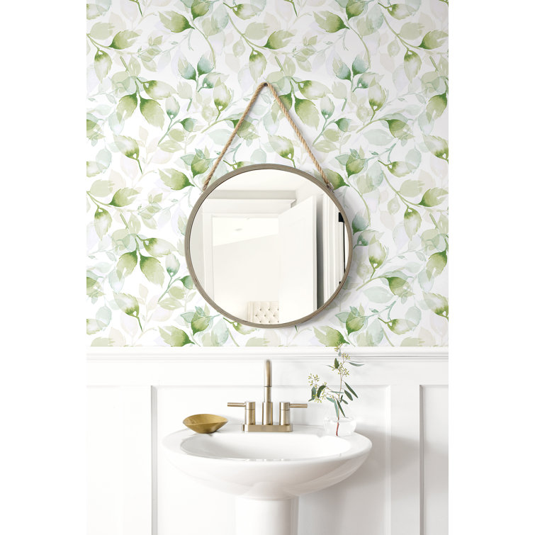Green Ivy Watercolor Tossed Leaves Peel and Stick Vinyl Wallpaper