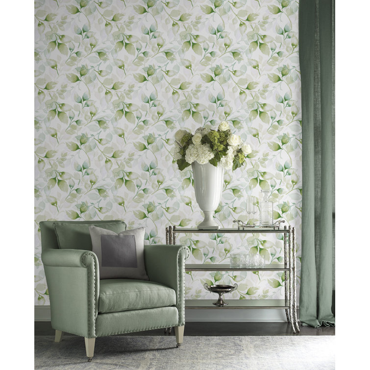 Green Ivy Watercolor Tossed Leaves Peel and Stick Vinyl Wallpaper