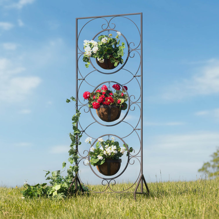 89" Tall Black Metal Trellis with Three Planters