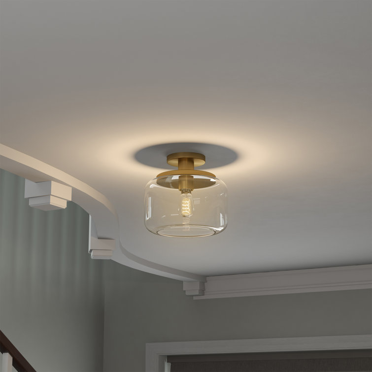 Clear Glass Drum Shade Brass Semi Flush Mount Light