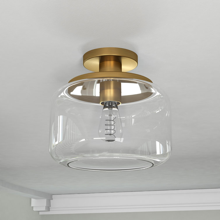 Clear Glass Drum Shade Brass Semi Flush Mount Light