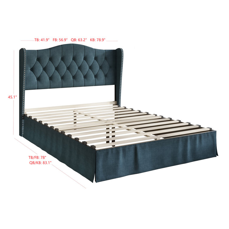 Navy Blue King Upholstered Wingback Storage Bed with Nailhead Trim