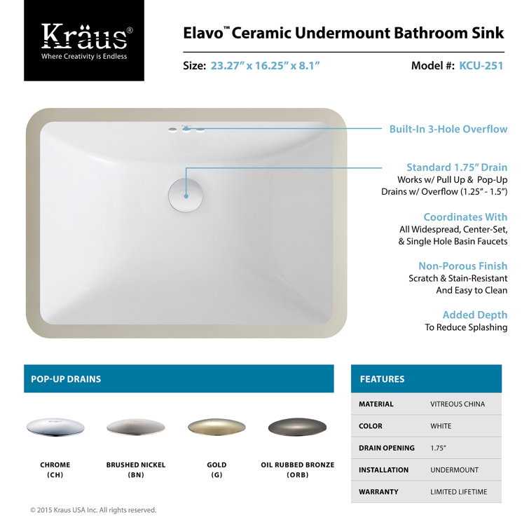 Elavo Modern White Ceramic Rectangular Undermount Bathroom Sink