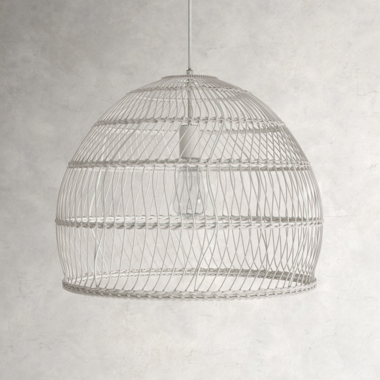 White Metal and Rattan Dome Pendant Light