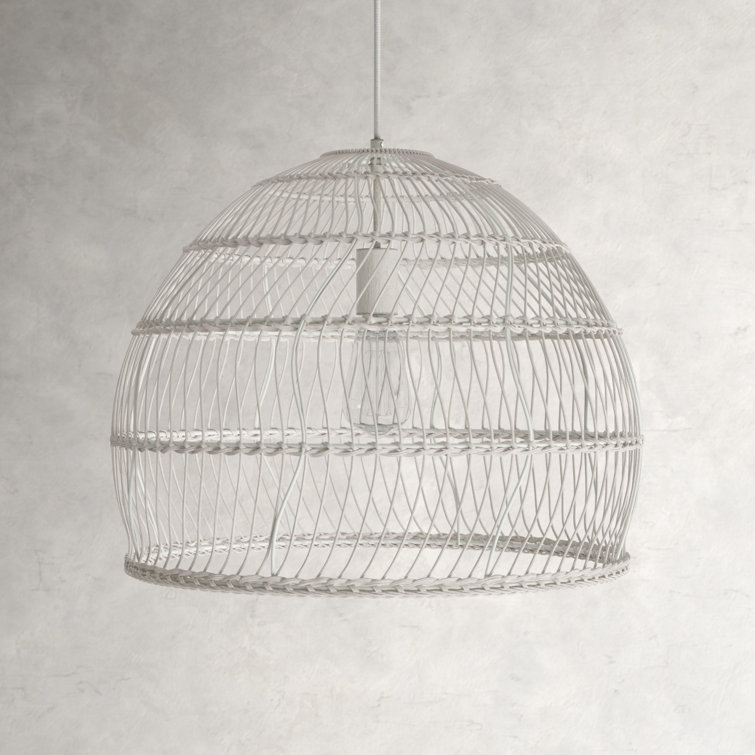 White Metal and Rattan Dome Pendant Light