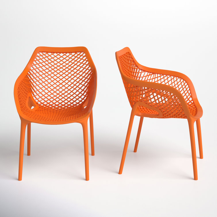 Orange Plastic Resin Stackable Outdoor Dining Chairs, Set of 2