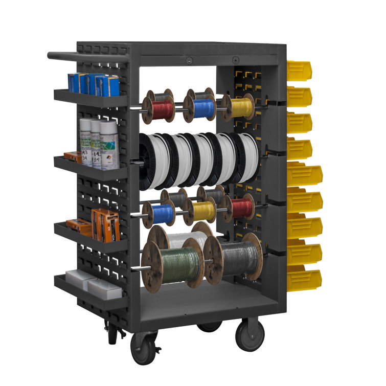 Heavy-Duty Gray Steel Mobile Wire Spool Cart with Louvered Panels