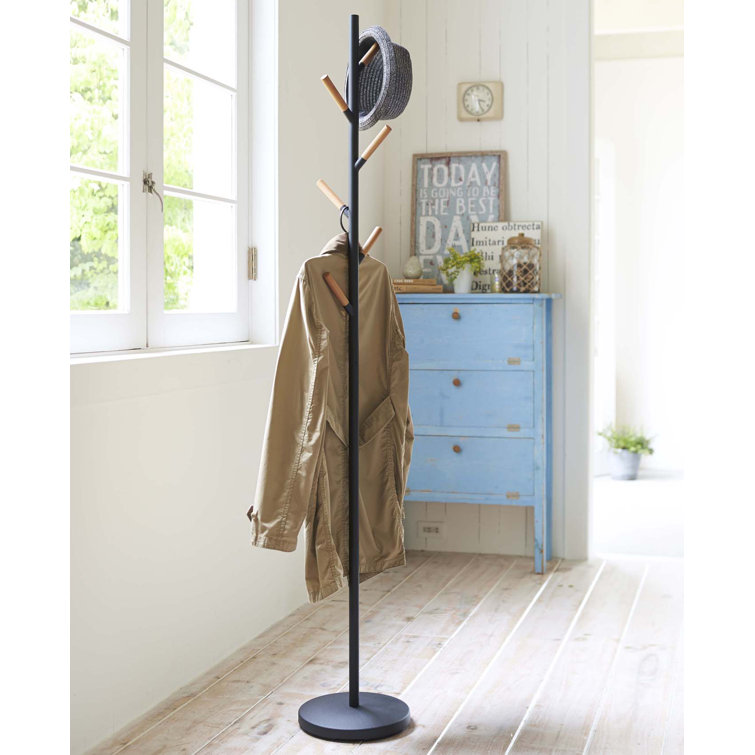 Sleek Yamazaki Black Freestanding Coat Rack with Wood-Tipped Hooks