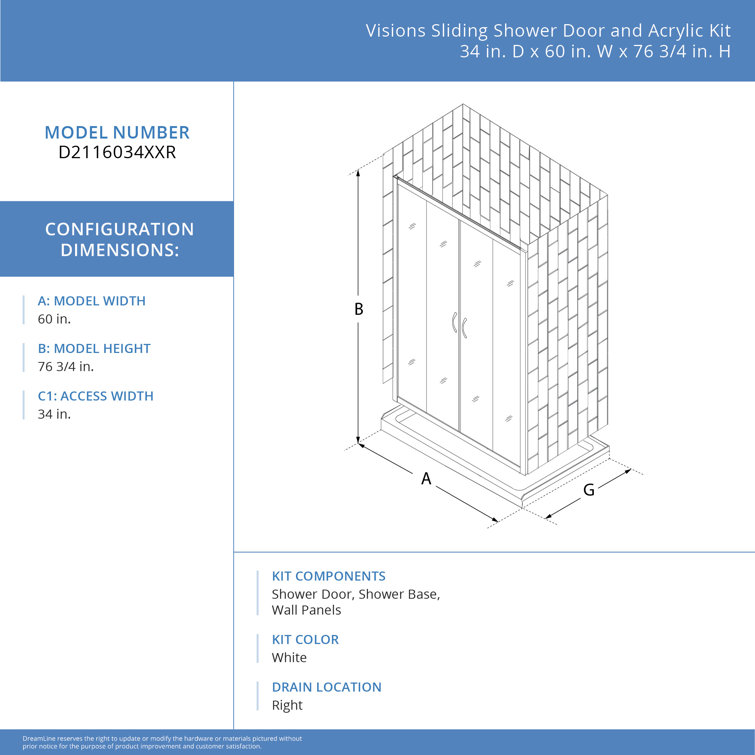SlimLine 60" x 34" White Acrylic Single Threshold Shower Base