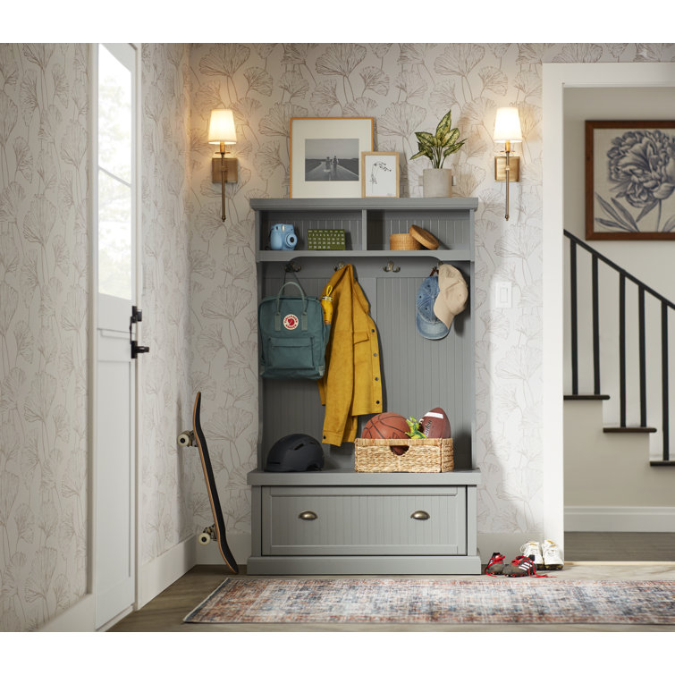 Distressed Gray Coastal Hall Tree with Storage and Hooks