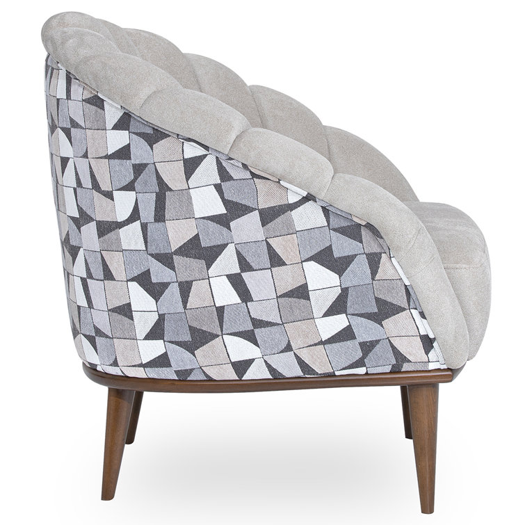 Contemporary Gray Geometric Chenille Accent Chair with Warm Walnut Frame
