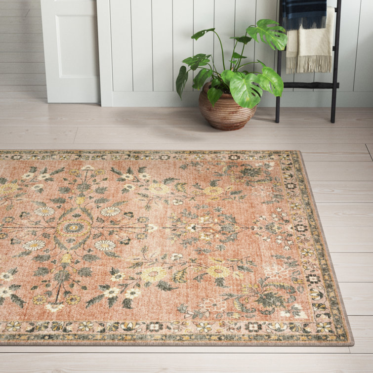 Gray and Pink Oriental Floral Synthetic Area Rug 5' x 7'