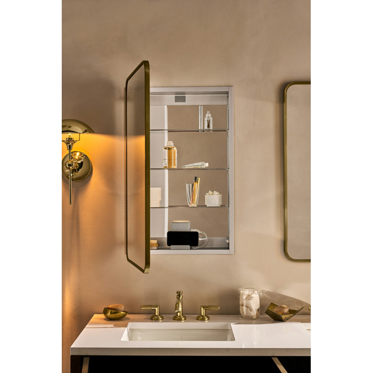 Aged Brass Metal Framed Medicine Cabinet with Mirror