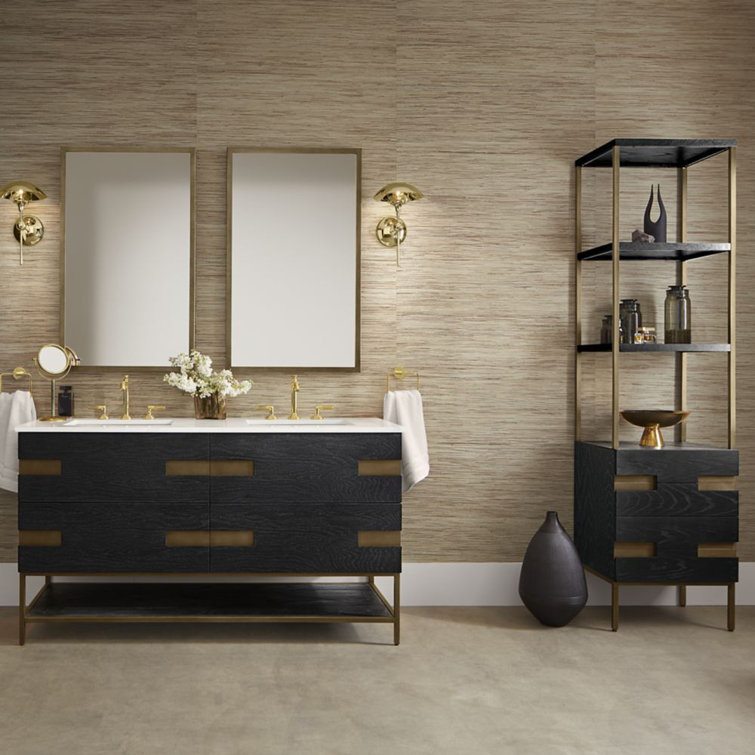 Matte Black Oak and Brass Freestanding Vanity Cabinet