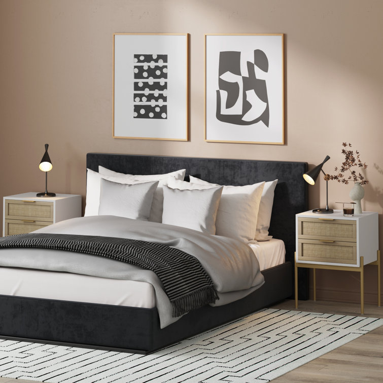 White and Gold 2-Drawer Rattan Nightstand Set