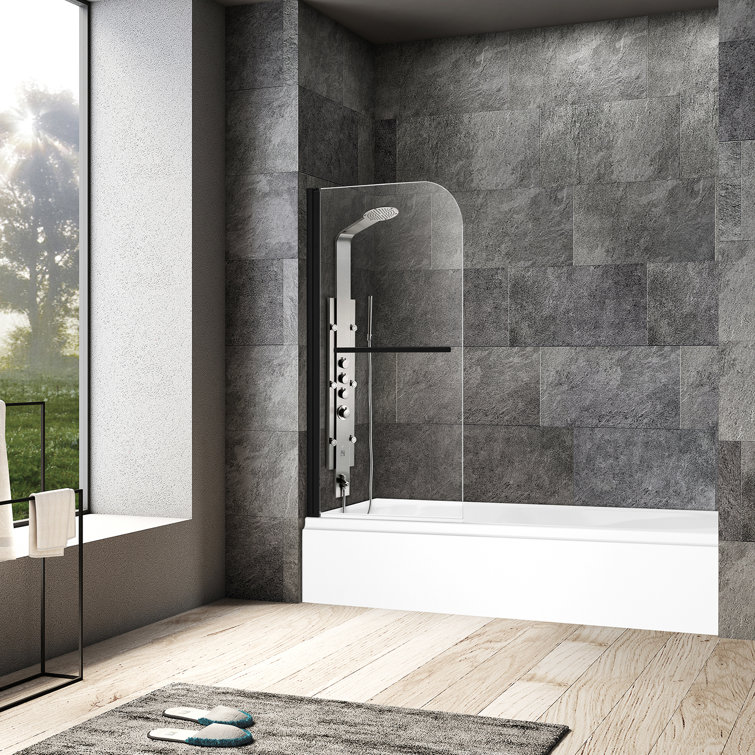 Matte Black Frameless Hinged Tub Door with Clear Tempered Glass