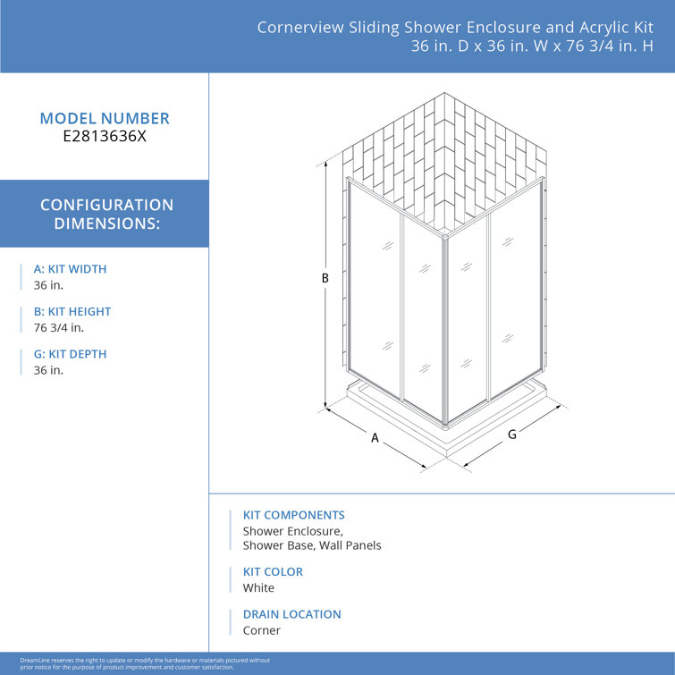 Matte Black 36" x 36" Sliding Shower Enclosure with Acrylic Wall Kit