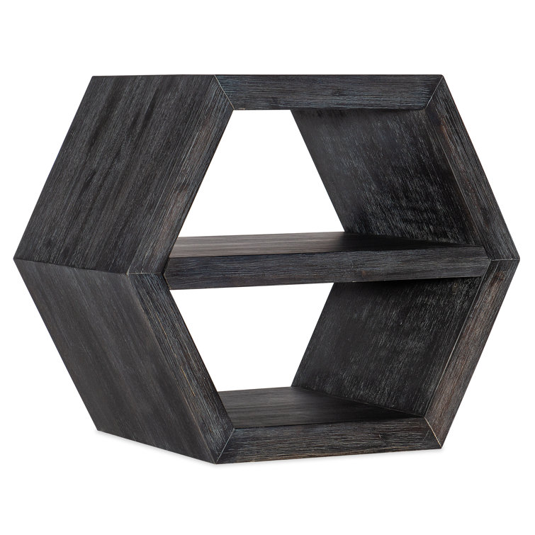 Hexagonal Dark Wood End Table with Stone Accents