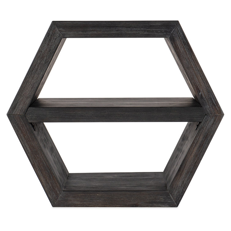 Hexagonal Dark Wood End Table with Stone Accents