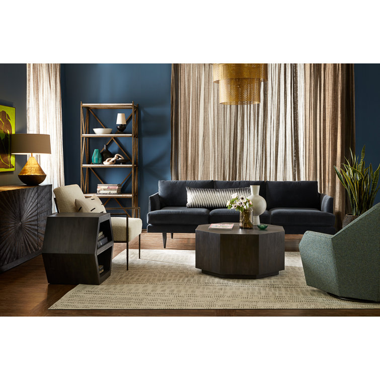 Hexagonal Dark Wood End Table with Stone Accents