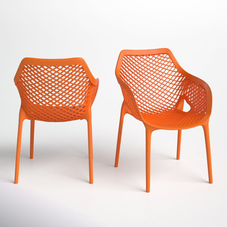 Orange Plastic Resin Stackable Outdoor Dining Chairs, Set of 2