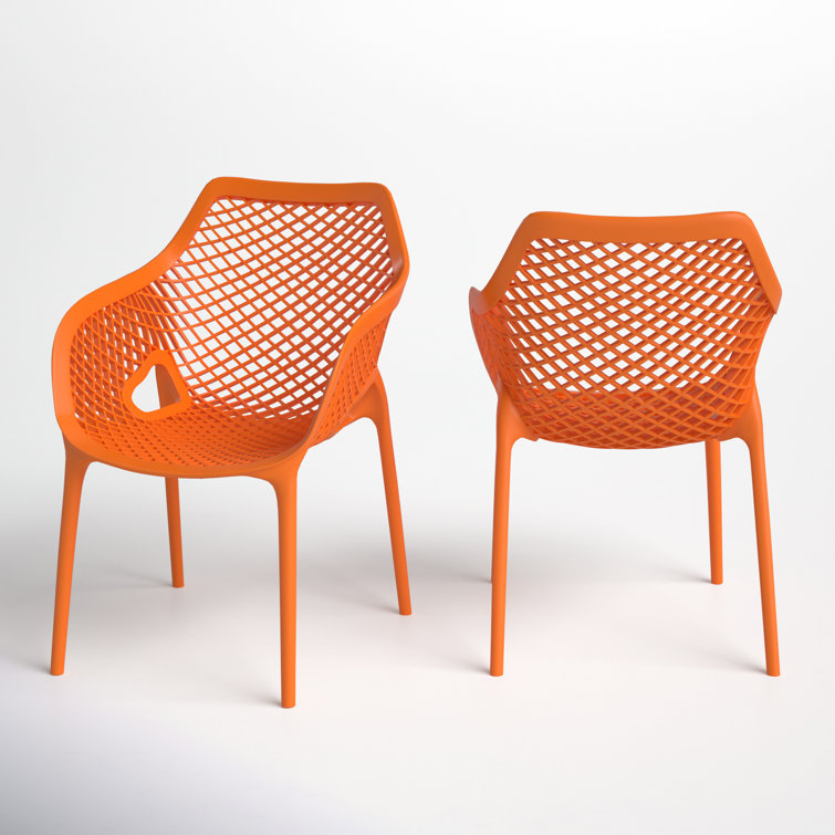 Orange Plastic Resin Stackable Outdoor Dining Chairs, Set of 2