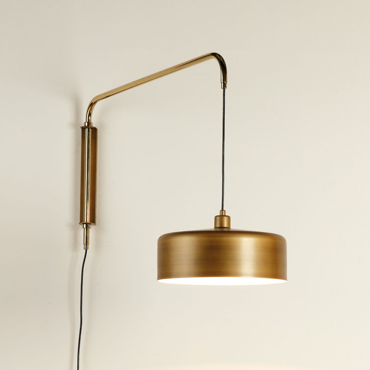 Satin Brass Adjustable Swing Arm Sconce with White Hood