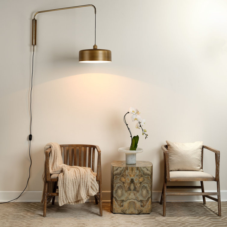 Satin Brass Adjustable Swing Arm Sconce with White Hood