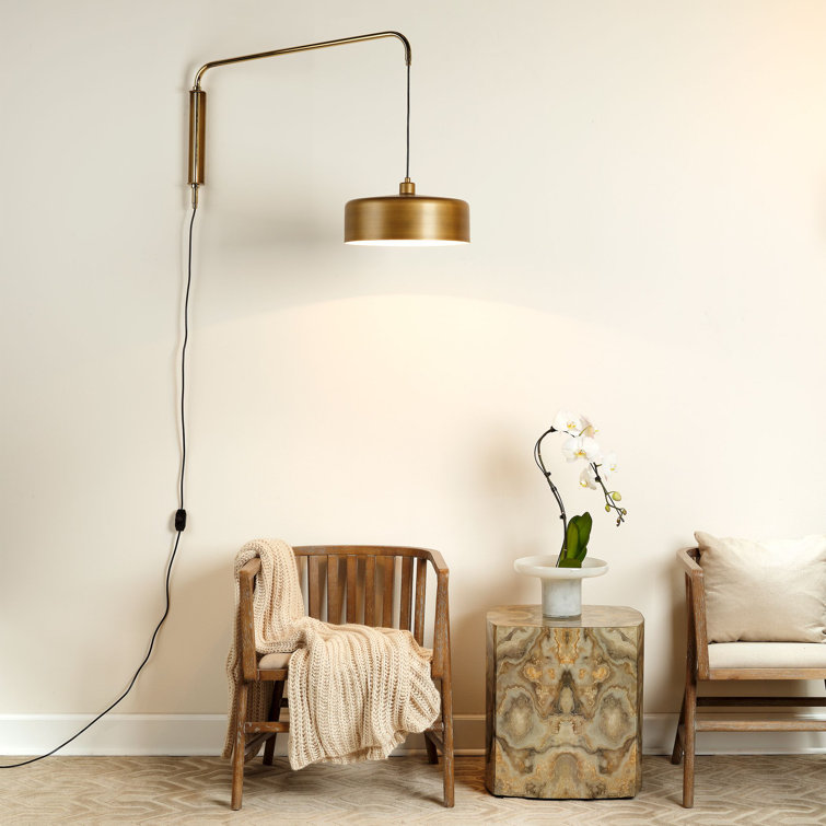Satin Brass Adjustable Swing Arm Sconce with White Hood