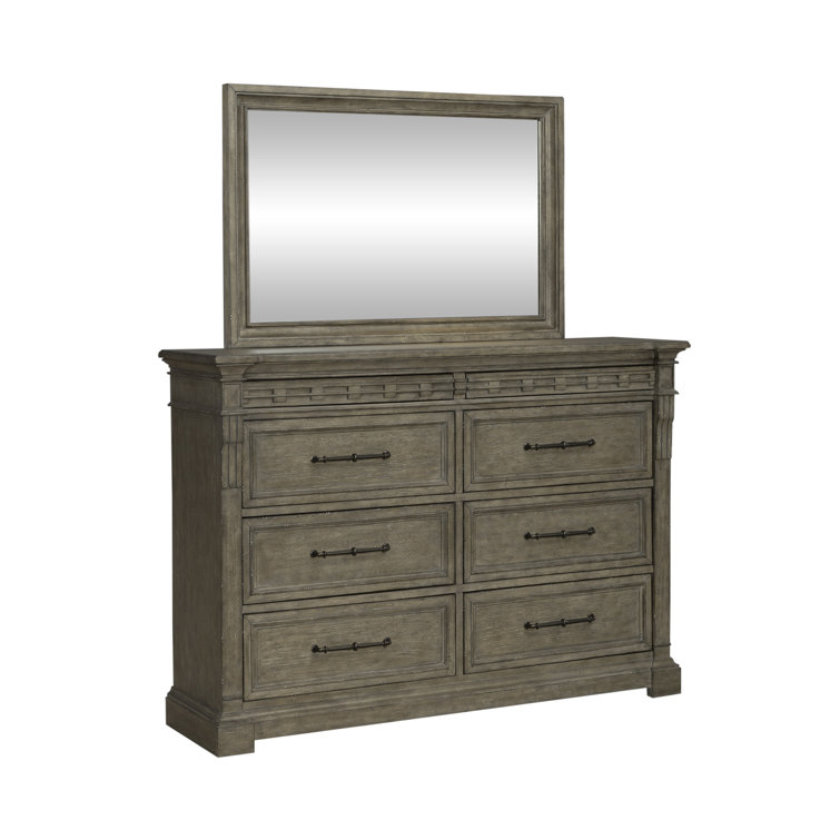 Dusty Taupe Oak Veneer Queen Panel Bed Set with Dresser and Mirror
