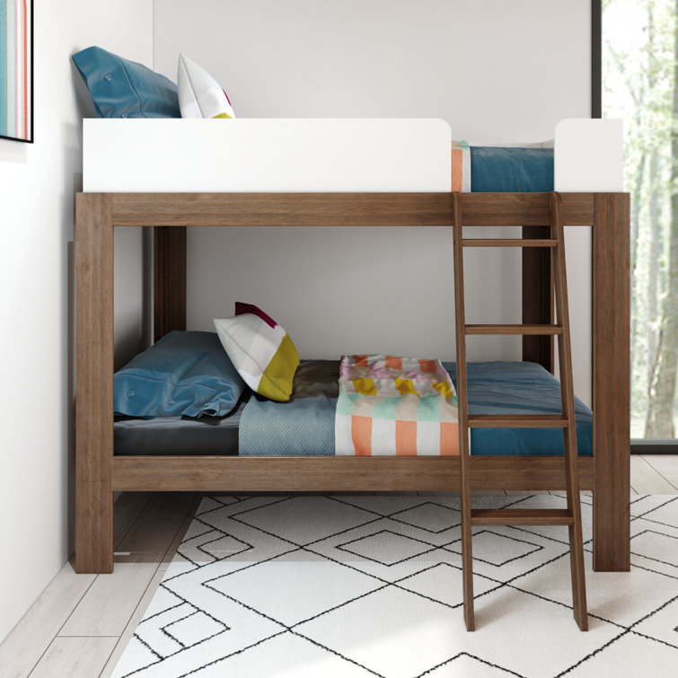Walnut and White Twin Over Twin Wood Bunk Bed with Ladder