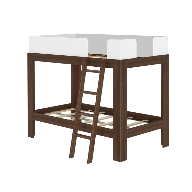 Walnut and White Twin Over Twin Wood Bunk Bed with Ladder