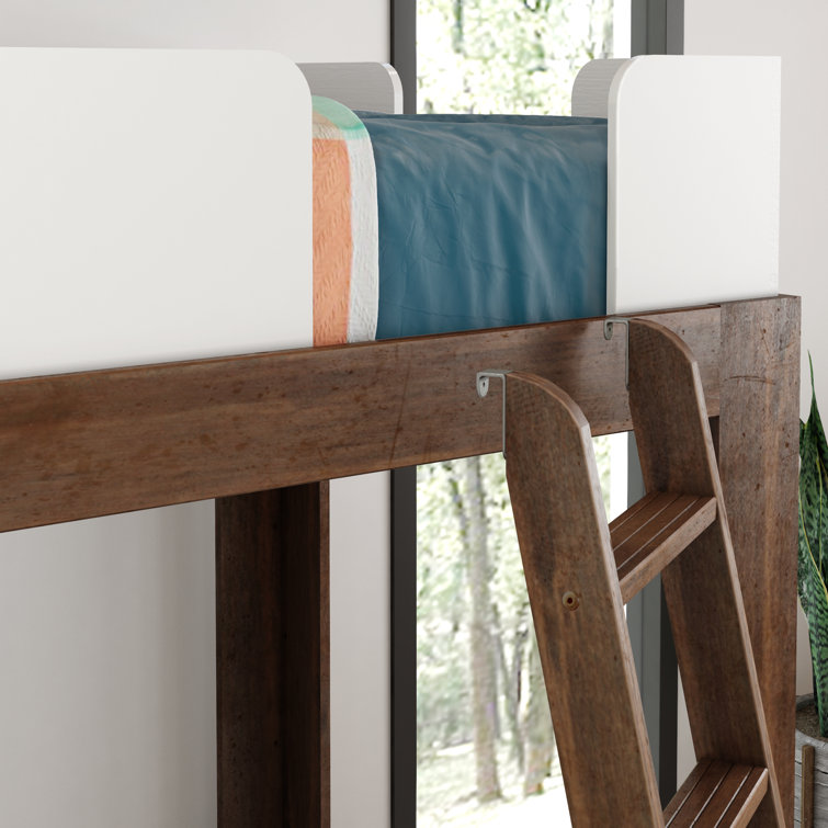 Walnut and White Twin Over Twin Wood Bunk Bed with Ladder